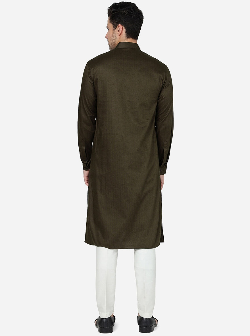 Olive Green Solid Regular Fit Modi Kurta | JadeBlue