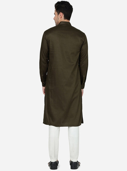 Olive Green Solid Regular Fit Modi Kurta | JadeBlue