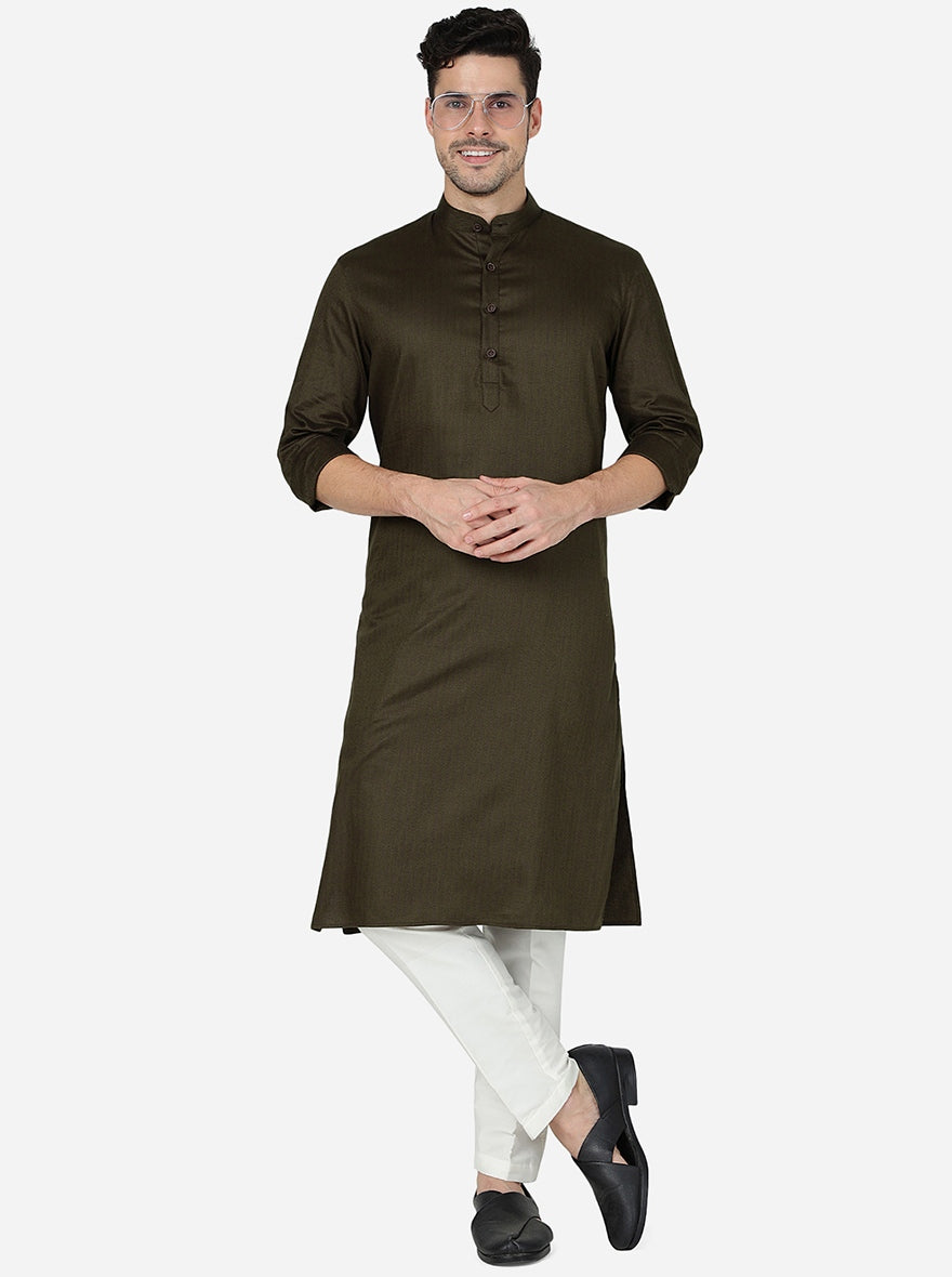 Olive Green Solid Regular Fit Modi Kurta | JadeBlue