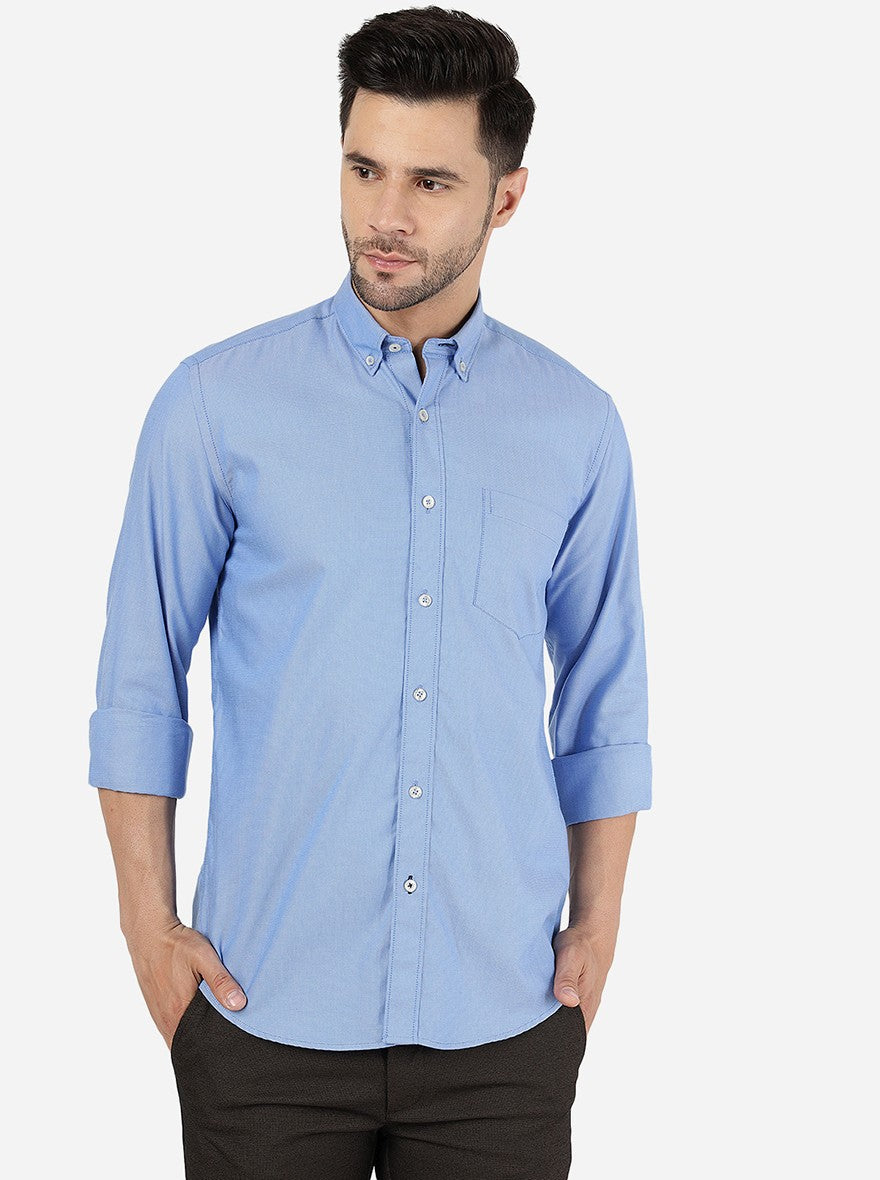 Blue Solid Slim Fit Semi Casual Shirt | JadeBlue
