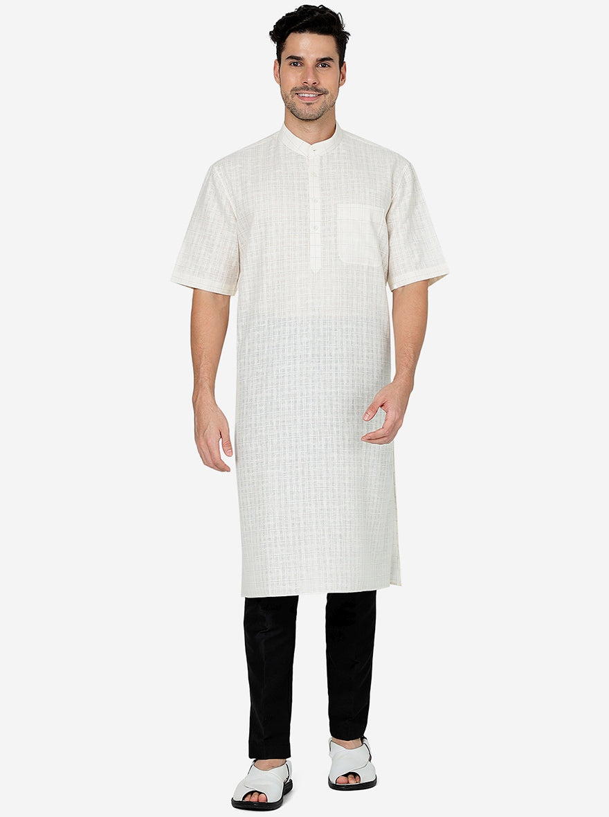 Off White Checked Regular Fit Modi Kurta | JadeBlue