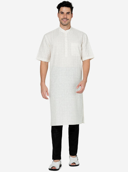 Off White Checked Regular Fit Modi Kurta | JadeBlue
