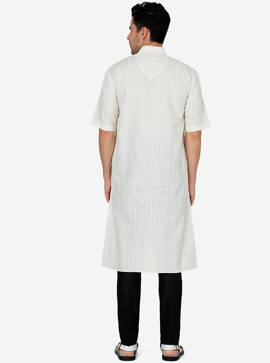 Off White Checked Regular Fit Modi Kurta | JadeBlue