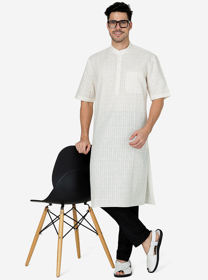 Off White Checked Regular Fit Modi Kurta | JadeBlue