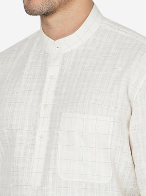 Off White Checked Regular Fit Modi Kurta | JadeBlue