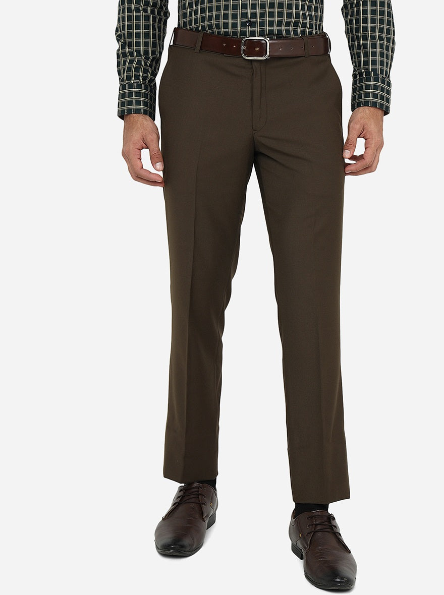 Coffee Brown Solid Slim Fit Formal Trouser | Metal