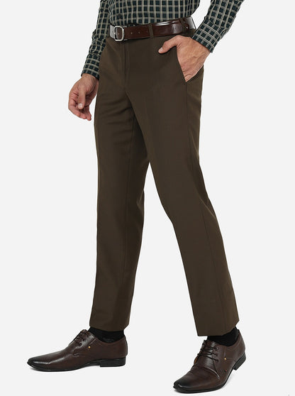 Coffee Brown Solid Slim Fit Formal Trouser | Metal