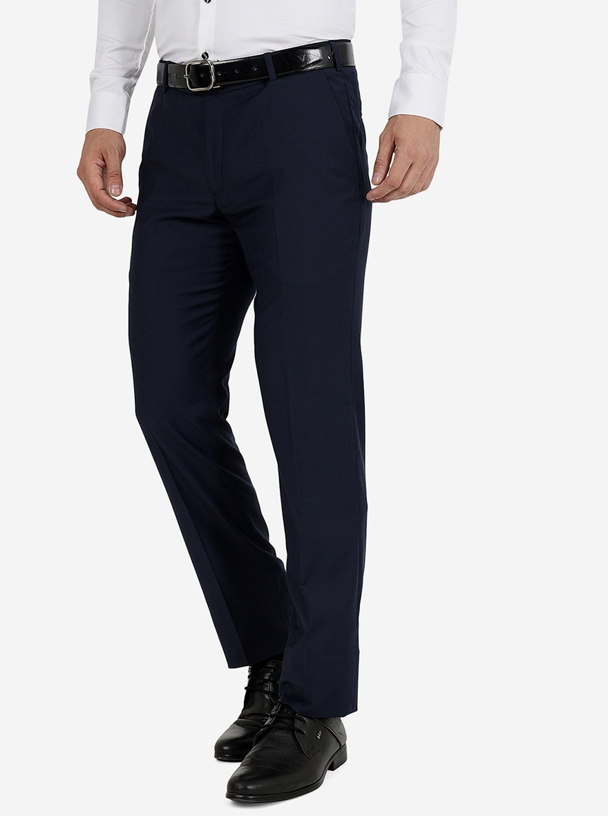 Navy Blue Solid Slim Fit Formal Trouser | Metal