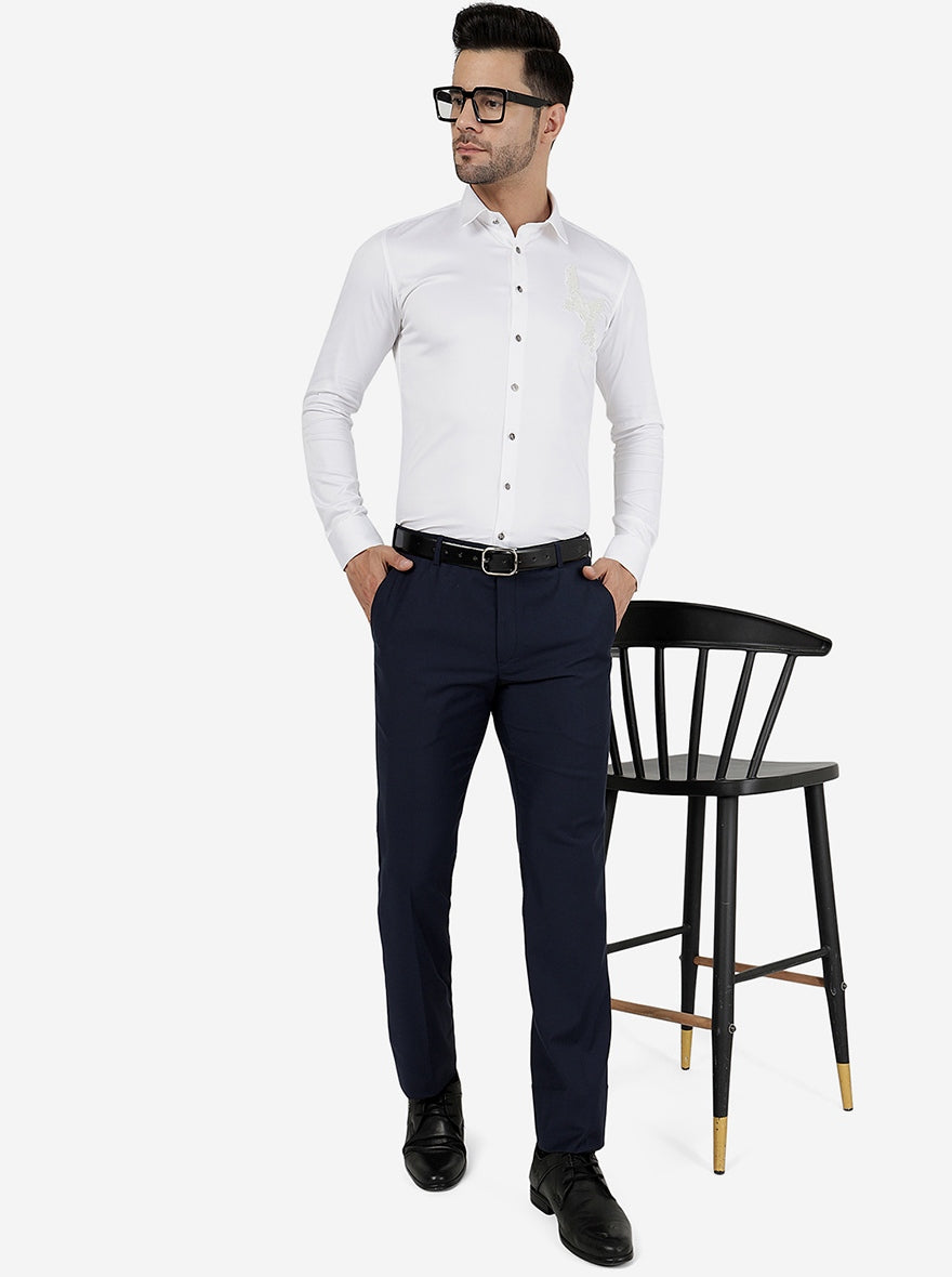 Navy Blue Solid Slim Fit Formal Trouser | Metal