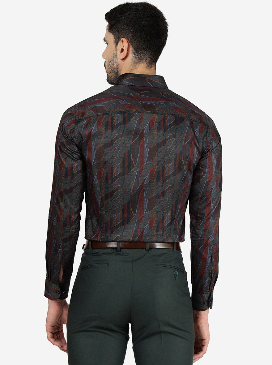 Grey & Maroon Printed Slim Fit Party Wear Shirt | JB Studio