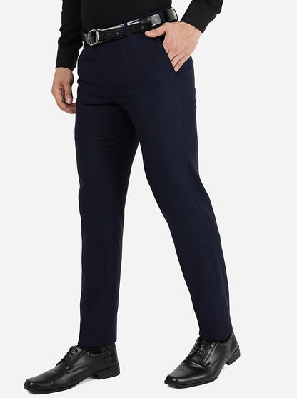 Navy Blue Solid Slim Fit Formal Trouser | Metal