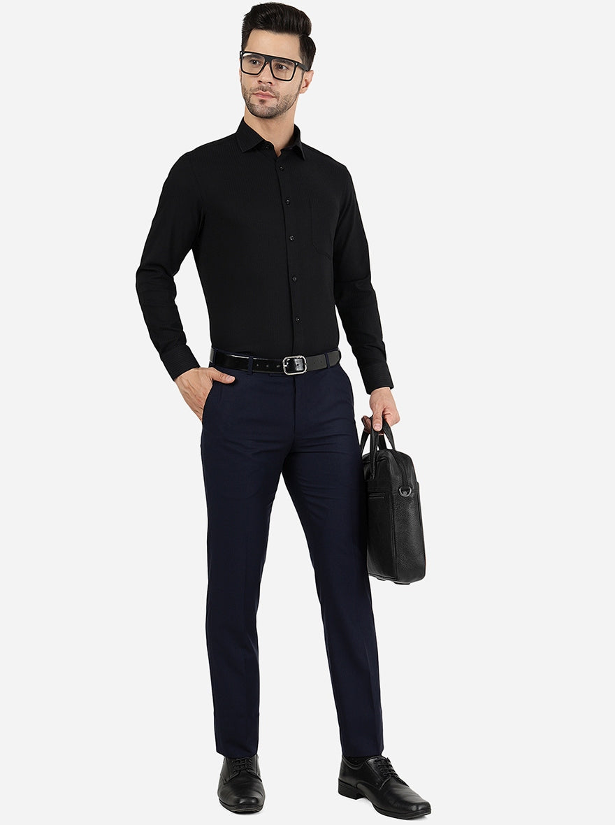 Navy Blue Solid Slim Fit Formal Trouser | Metal
