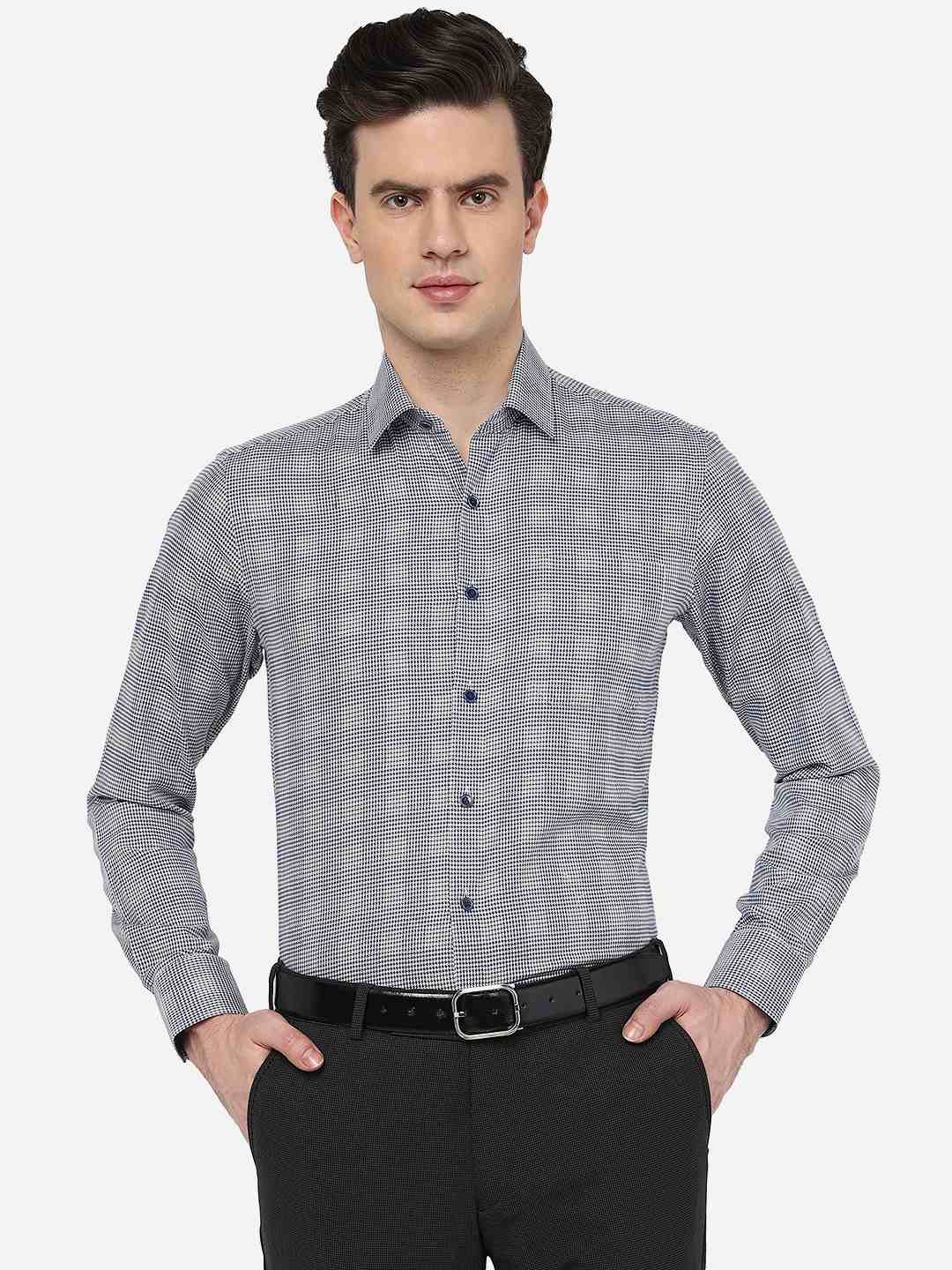 Blue & Grey Checked Slim Fit Formal Shirt | JadeBlue Youth