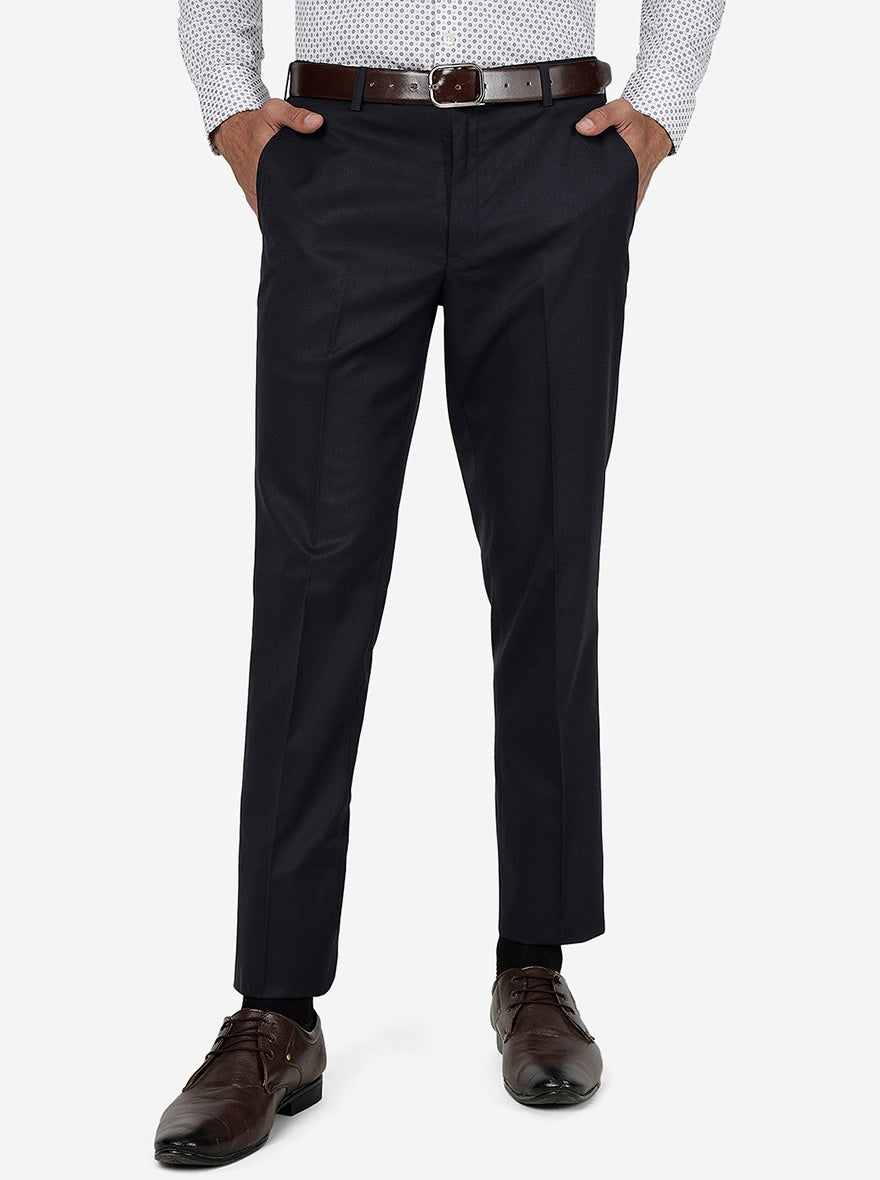 Navy Blue Solid Slim Fit Formal Trouser | Metal