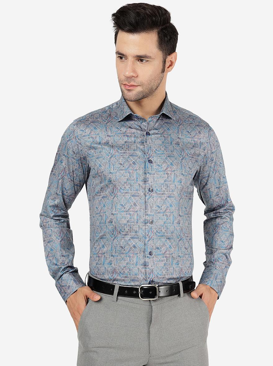 Grey & Blue Printed Slim Fit Party Wear Shirt | JB Studio