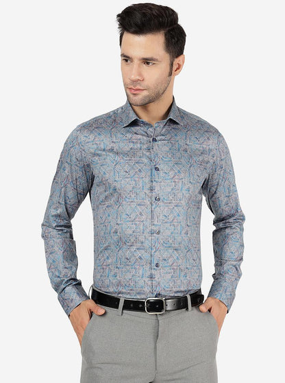 Grey & Blue Printed Slim Fit Party Wear Shirt | JB Studio