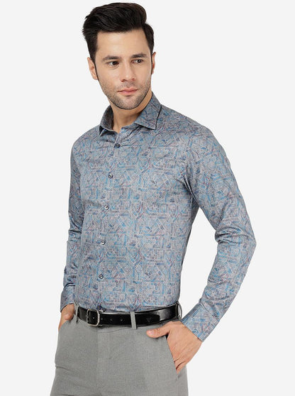 Grey & Blue Printed Slim Fit Party Wear Shirt | JB Studio