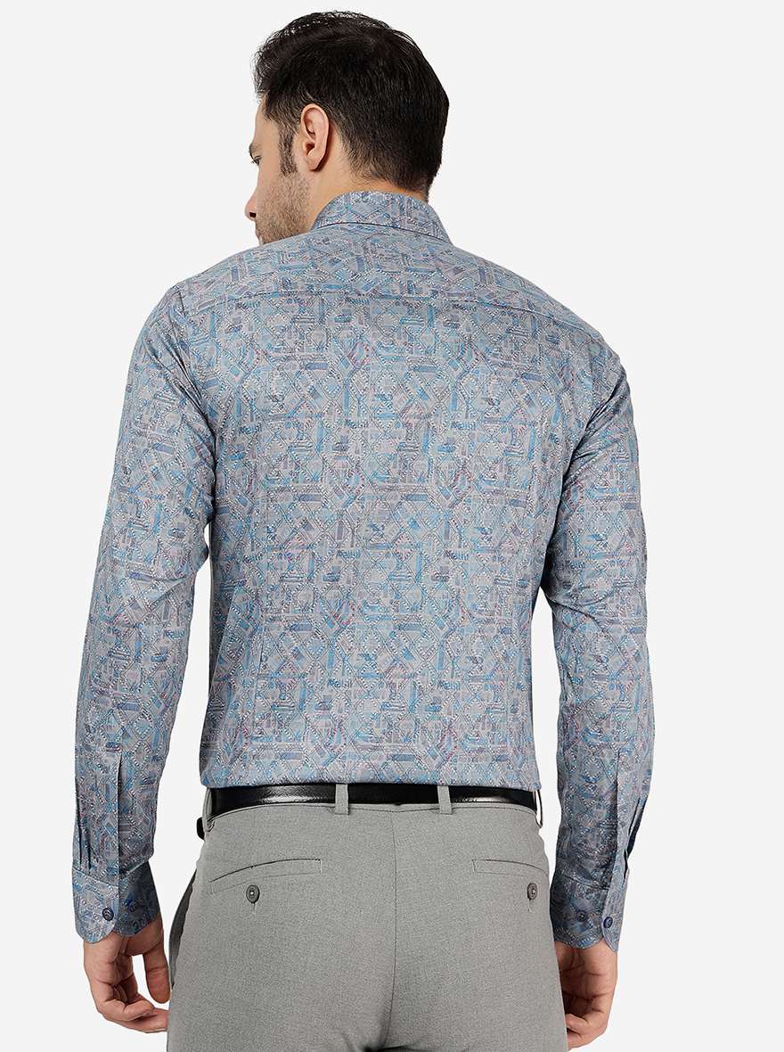 Grey & Blue Printed Slim Fit Party Wear Shirt | JB Studio