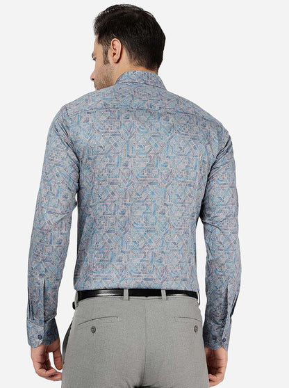 Grey & Blue Printed Slim Fit Party Wear Shirt | JB Studio