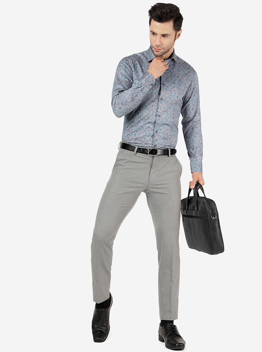 Grey & Blue Printed Slim Fit Party Wear Shirt | JB Studio