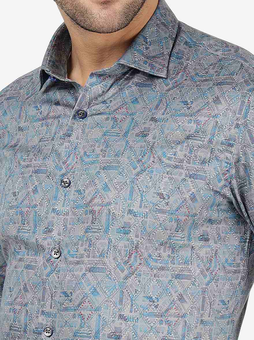 Grey & Blue Printed Slim Fit Party Wear Shirt | JB Studio