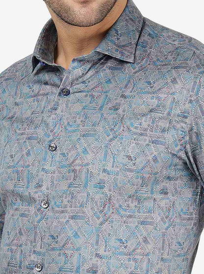 Grey & Blue Printed Slim Fit Party Wear Shirt | JB Studio