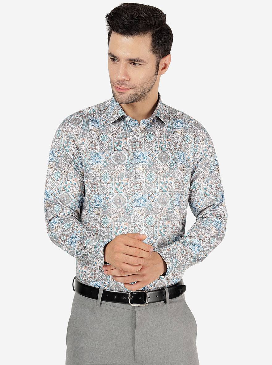 Cream & Blue Printed Slim Fit Party Wear Shirt | JB Studio