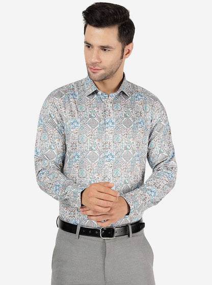 Cream & Blue Printed Slim Fit Party Wear Shirt | JB Studio