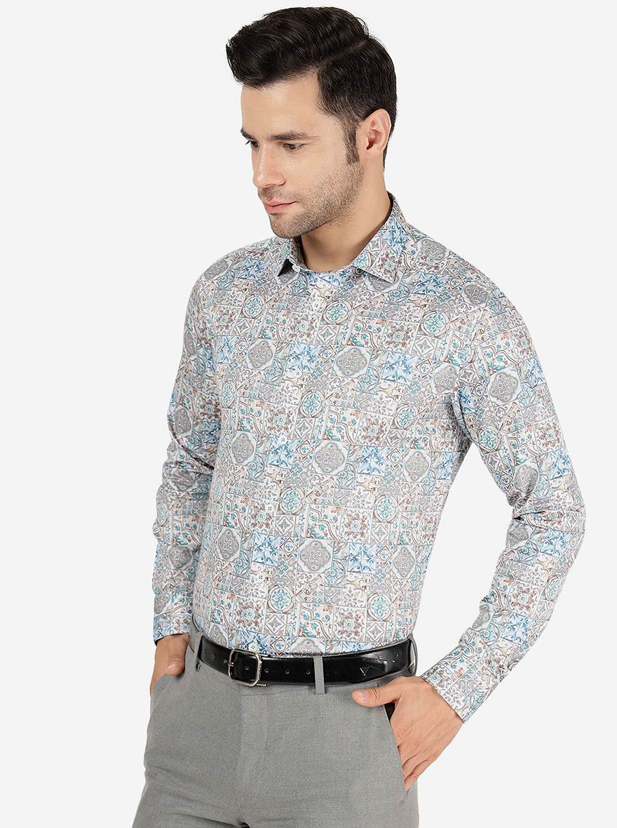 Cream & Blue Printed Slim Fit Party Wear Shirt | JB Studio