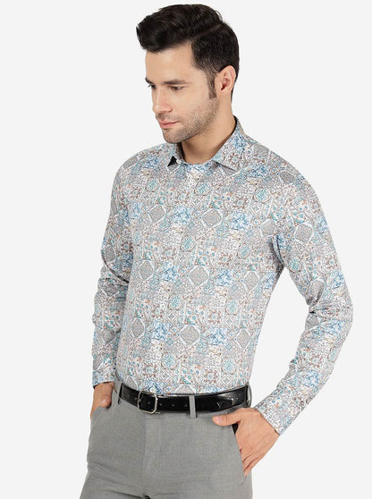 Cream & Blue Printed Slim Fit Party Wear Shirt | JB Studio