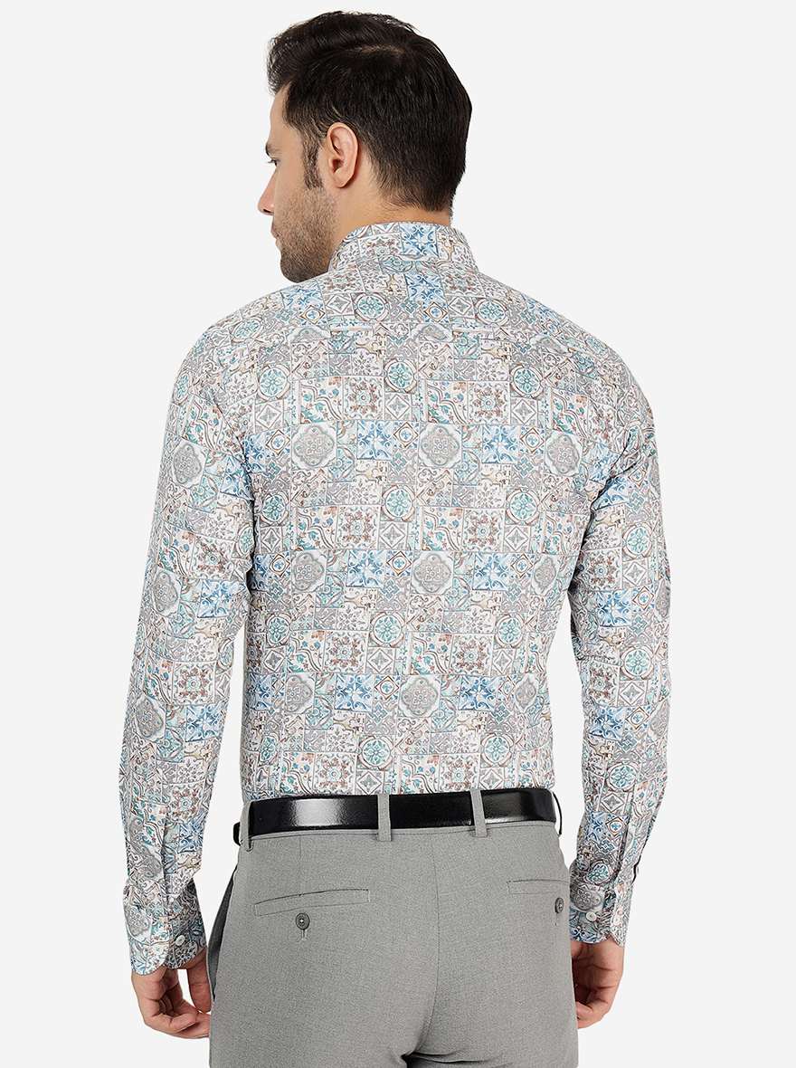 Cream & Blue Printed Slim Fit Party Wear Shirt | JB Studio