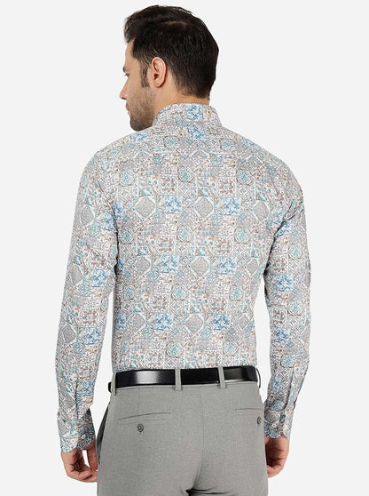 Cream & Blue Printed Slim Fit Party Wear Shirt | JB Studio