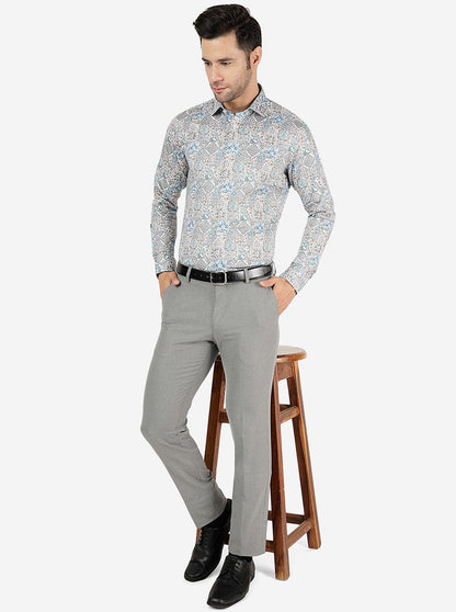 Cream & Blue Printed Slim Fit Party Wear Shirt | JB Studio