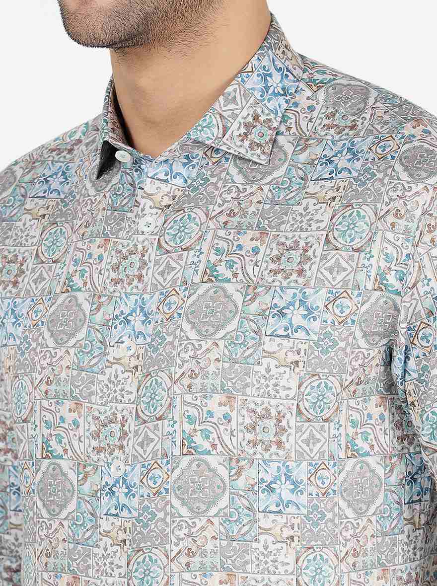 Cream & Blue Printed Slim Fit Party Wear Shirt | JB Studio