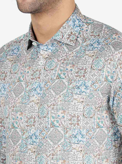Cream & Blue Printed Slim Fit Party Wear Shirt | JB Studio