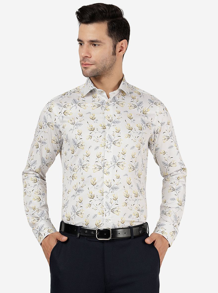 Lemon Grey Printed Slim Fit Party Wear Shirt | JB Studio