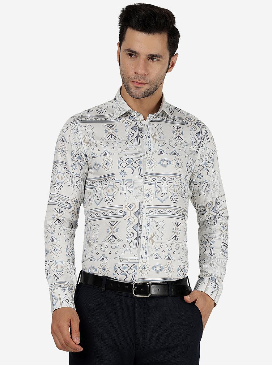 White & Blue Printed Slim Fit Party Wear Shirt | JB Studio