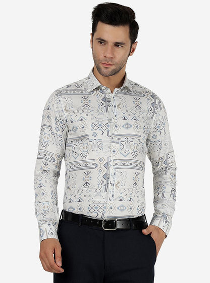 White & Blue Printed Slim Fit Party Wear Shirt | JB Studio