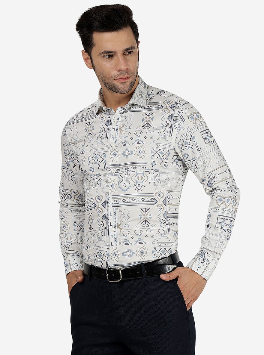 White & Blue Printed Slim Fit Party Wear Shirt | JB Studio
