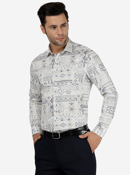 White & Blue Printed Slim Fit Party Wear Shirt | JB Studio