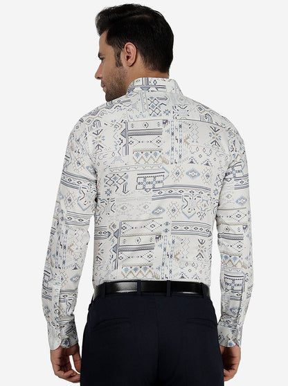White & Blue Printed Slim Fit Party Wear Shirt | JB Studio