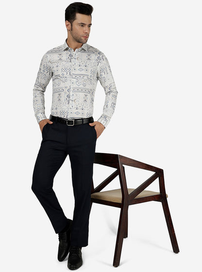 White & Blue Printed Slim Fit Party Wear Shirt | JB Studio