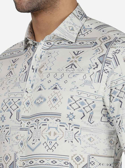 White & Blue Printed Slim Fit Party Wear Shirt | JB Studio