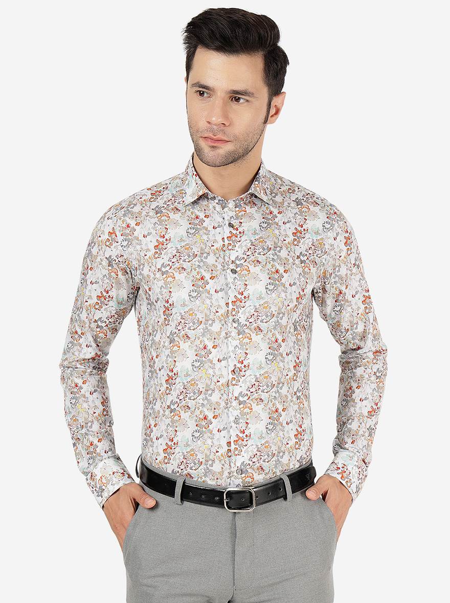 Orange & Grey Printed Slim Fit Party Wear Shirt | JB Studio