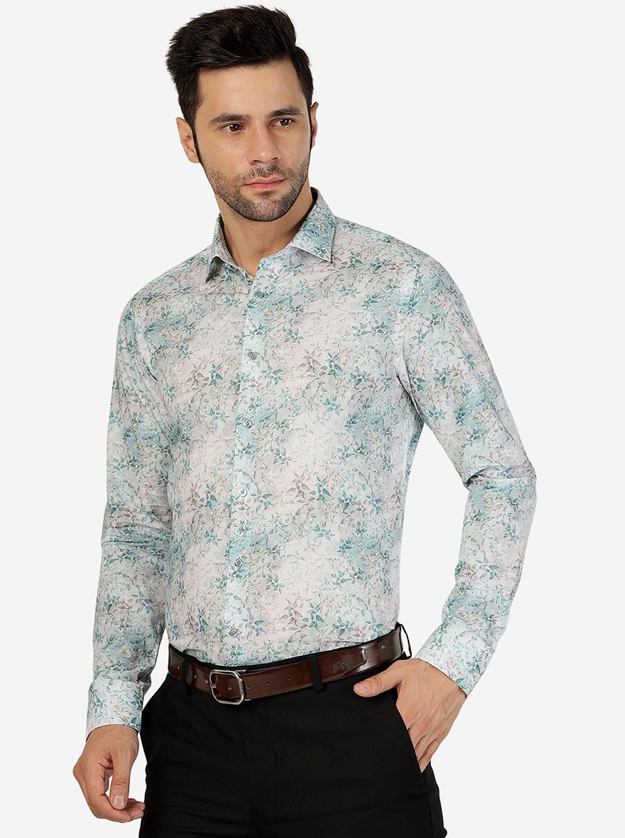 Green Printed Slim Fit Party Wear Shirt | JB Studio