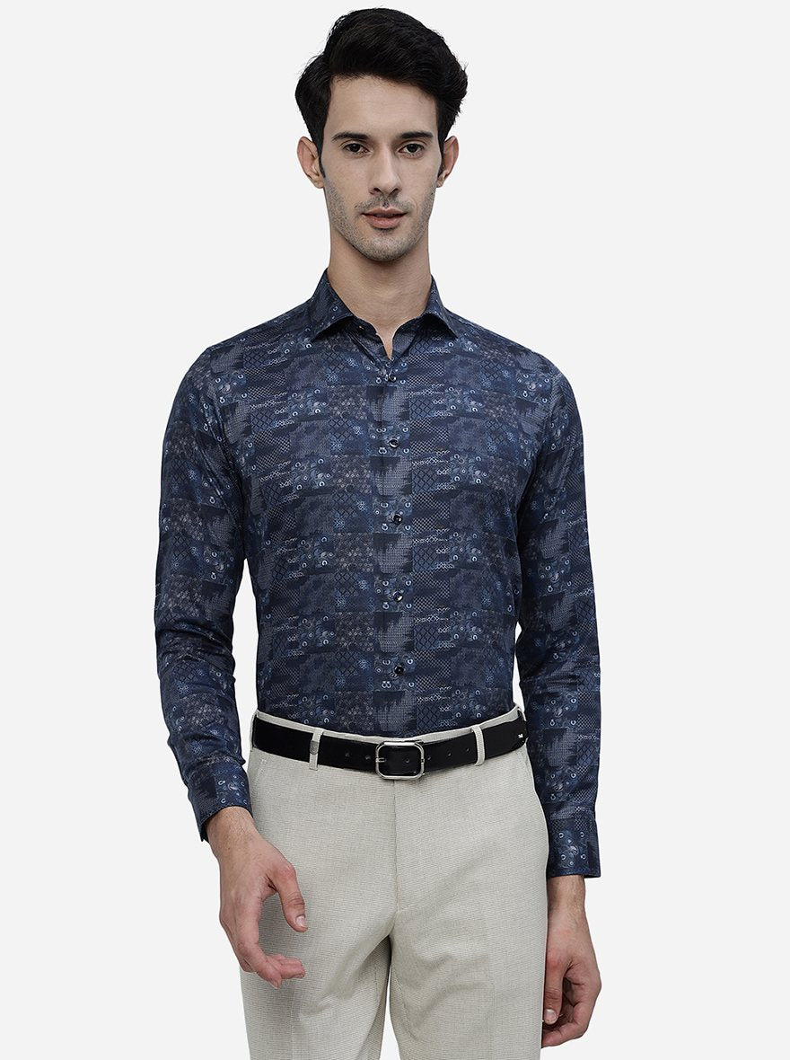Blue Printed Slim Fit Party Wear Shirt | JB Studio
