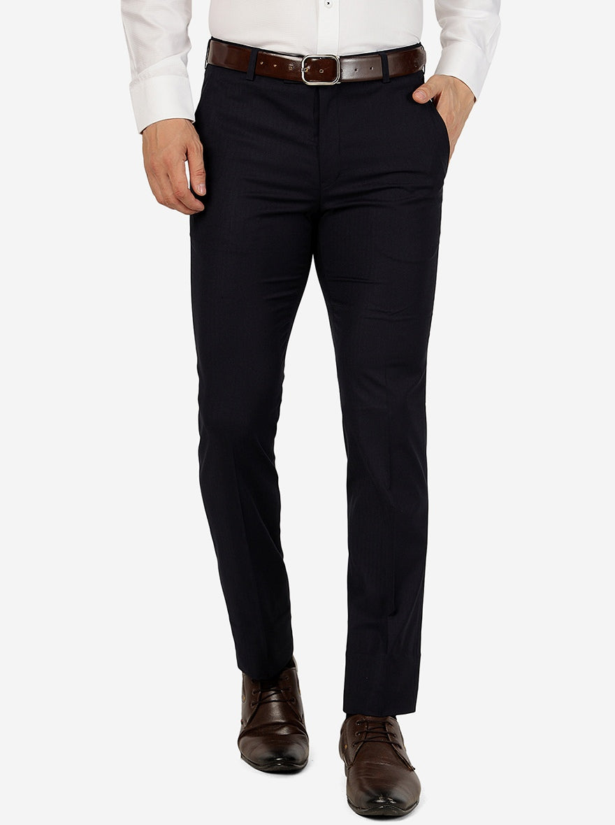 Navy Blue Solid Slim Fit Formal Trouser | Metal