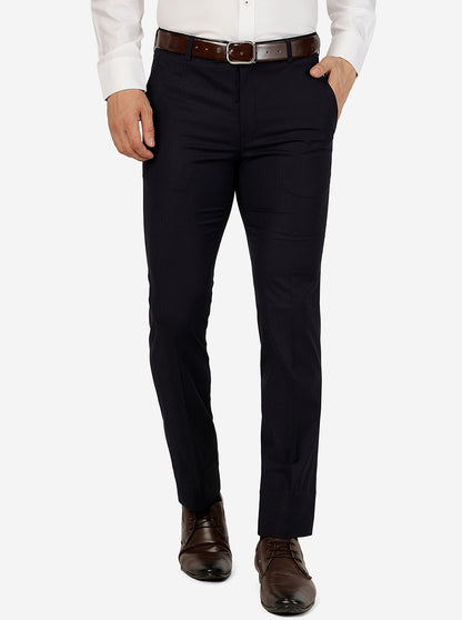 Navy Blue Solid Slim Fit Formal Trouser | Metal