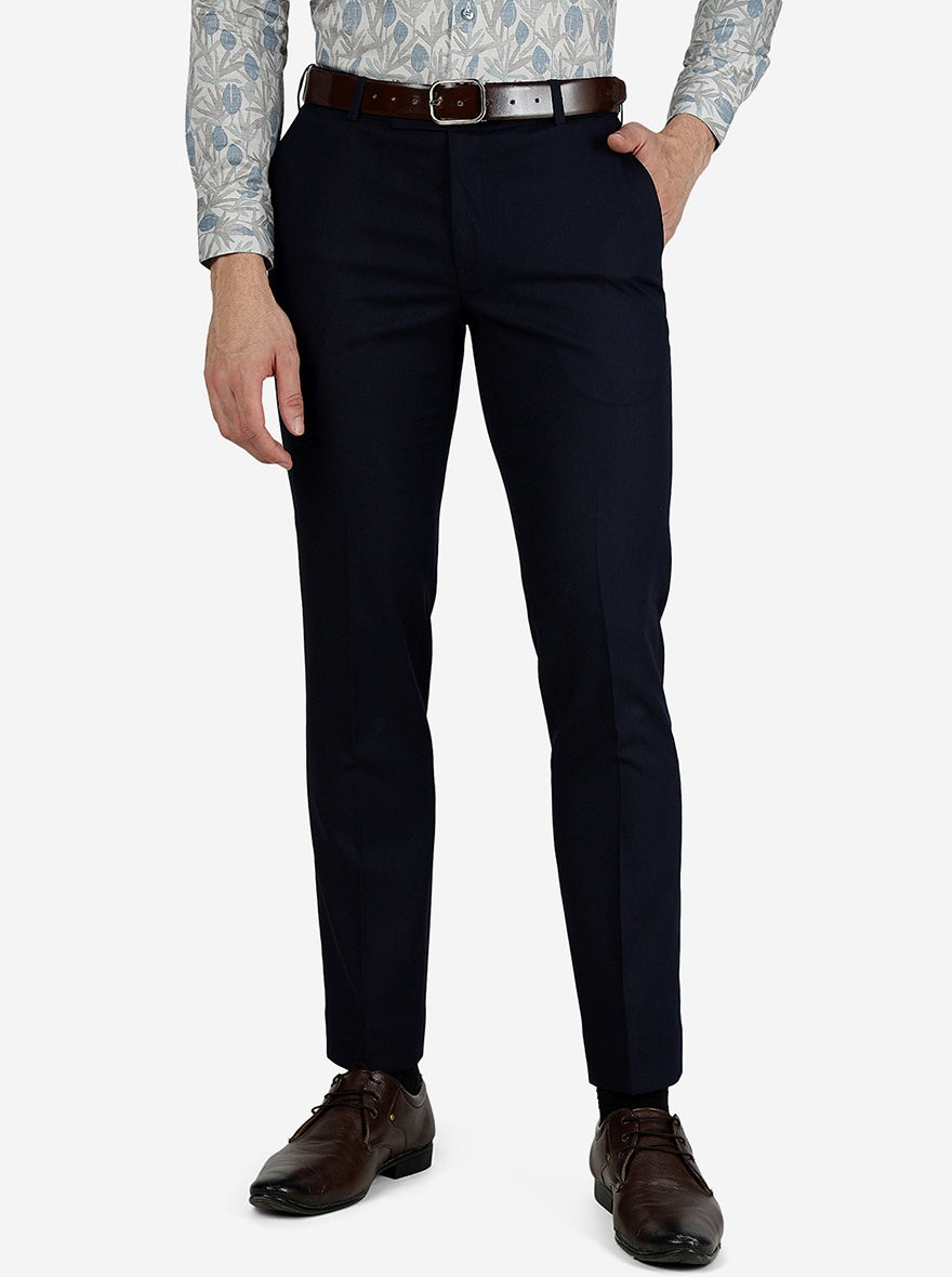 Navy Blue Solid Slim Fit Formal Trouser | Metal