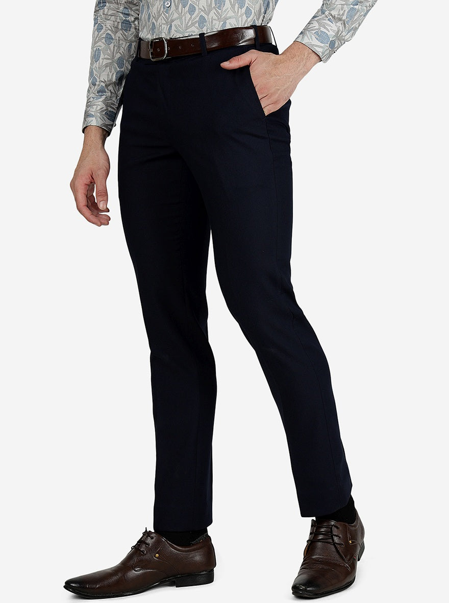 Navy Blue Solid Slim Fit Formal Trouser | Metal